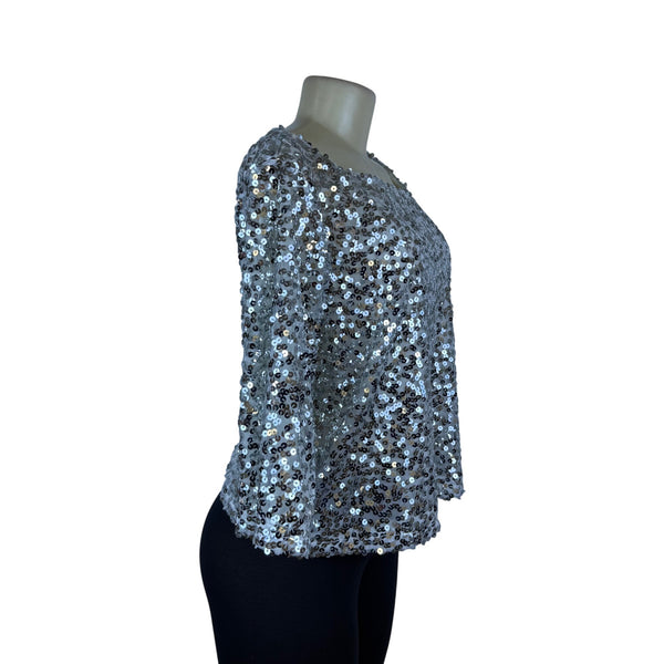Jennifer Lopez Women’s Silver Sequined Blouse L Glamorous Party Top - New