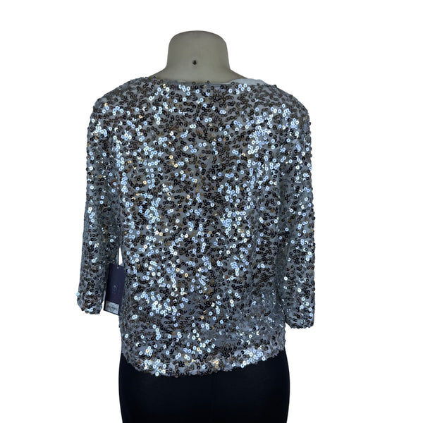 Jennifer Lopez Women’s Silver Sequined Blouse L Glamorous Party Top - New