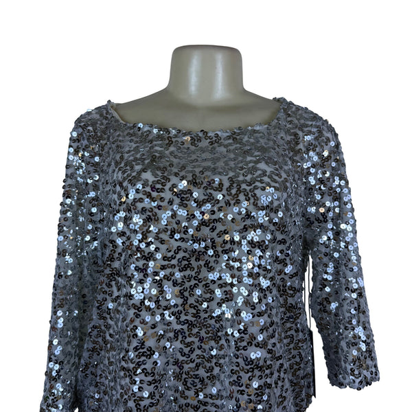 Jennifer Lopez Women’s Silver Sequined Blouse L Glamorous Party Top - New
