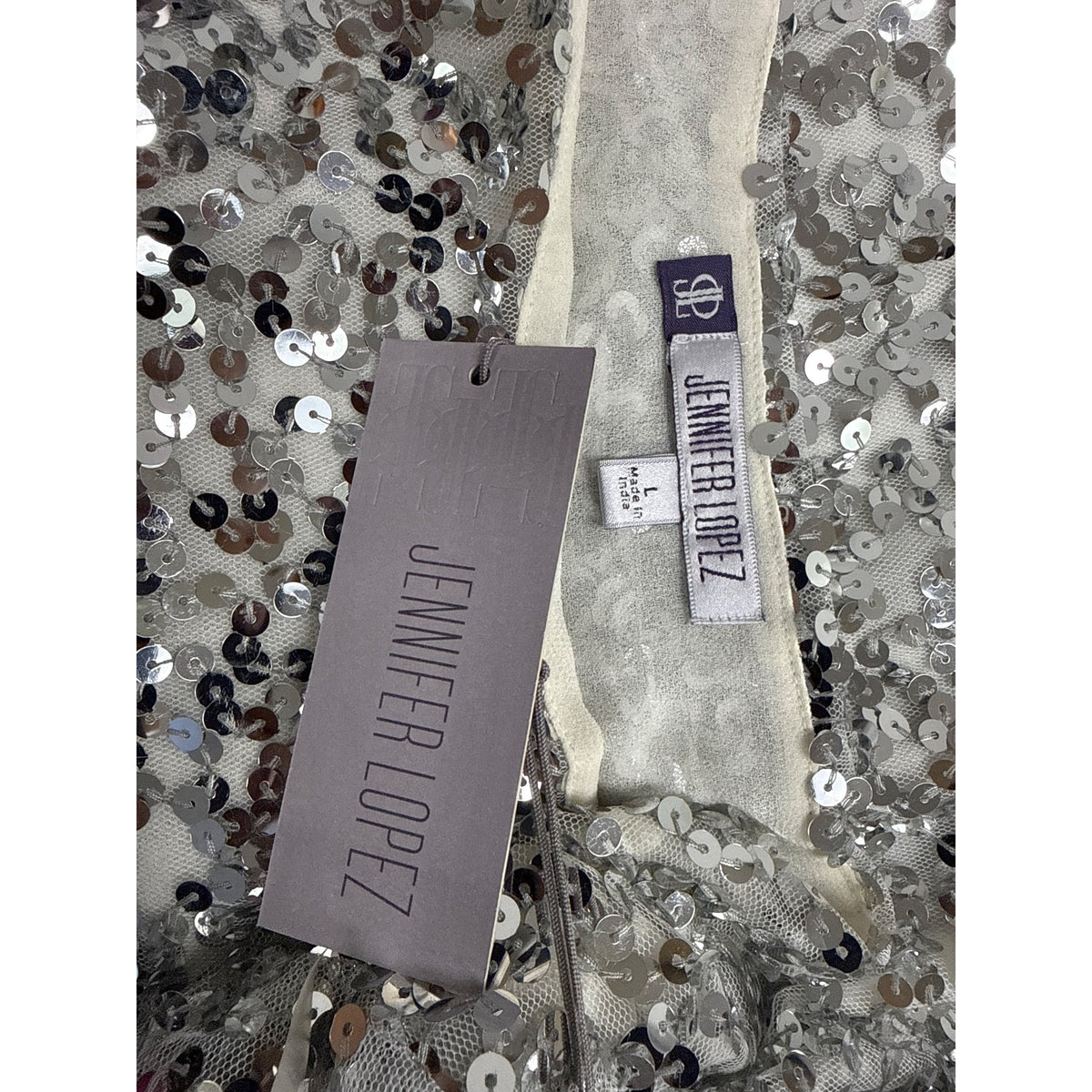 Jennifer Lopez Women’s Silver Sequined Blouse L Glamorous Party Top - New