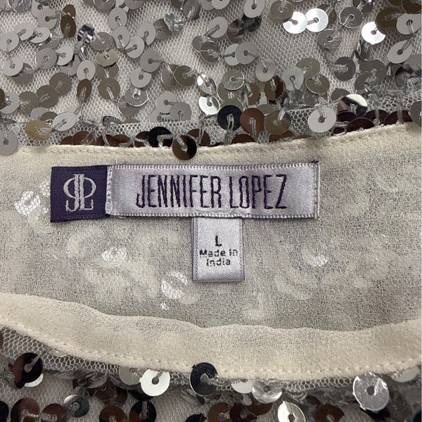 Jennifer Lopez Women’s Silver Sequined Blouse L Glamorous Party Top - New