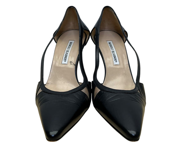 Manolo Blahnik Women’s Black Leather Pointed-Toe Cutout Pumps Size 38.5