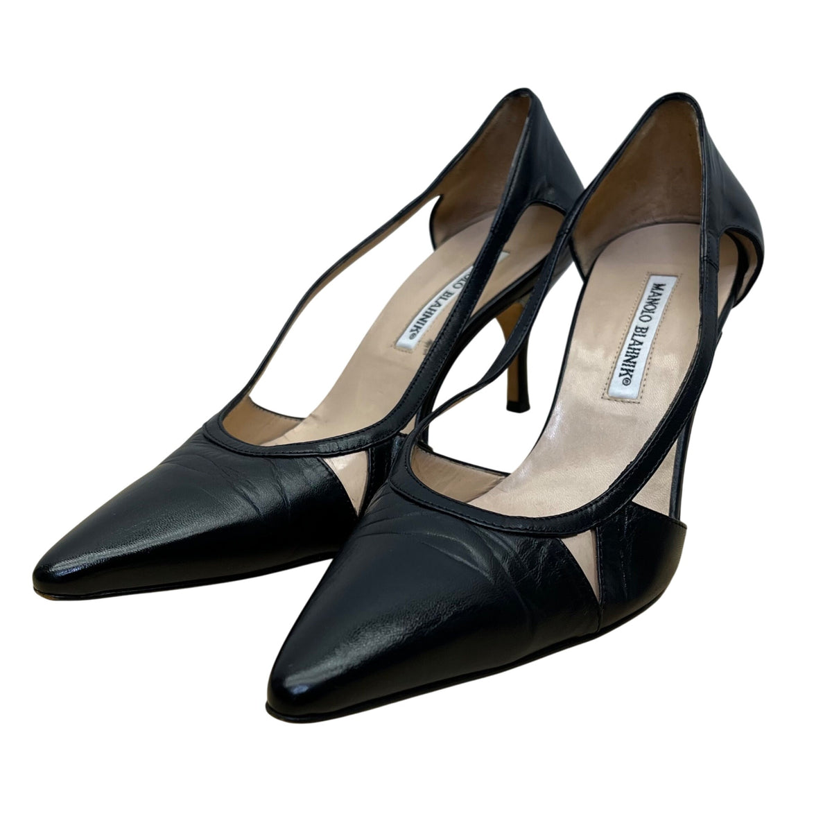 Manolo Blahnik Women’s Black Leather Pointed-Toe Cutout Pumps Size 38.5