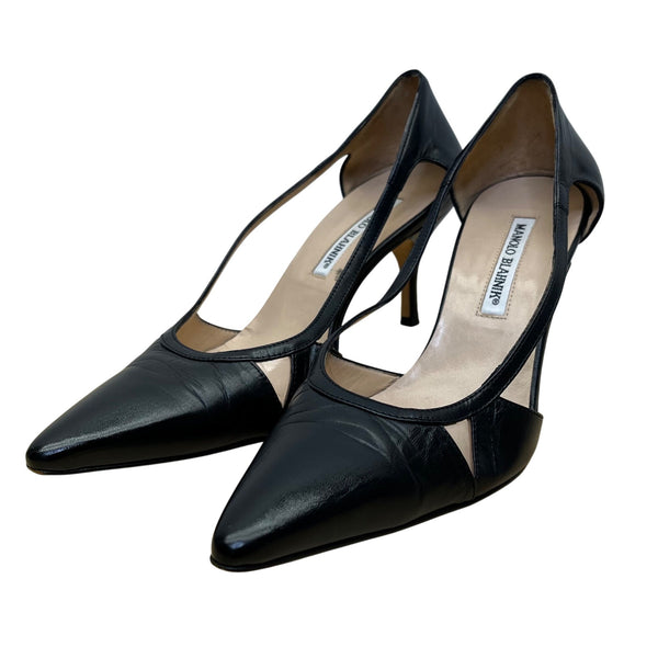 Manolo Blahnik Women’s Black Leather Pointed-Toe Cutout Pumps Size 38.5