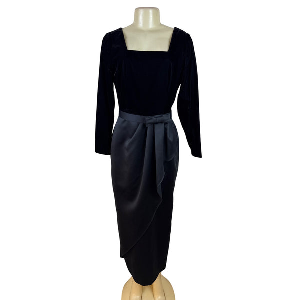 JS Collections Women’s Black Velvet Formal Midi Dress With Bow Detail Sz 10