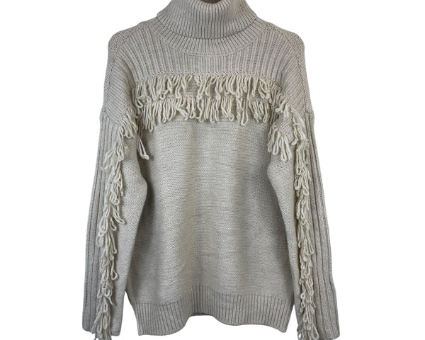 Ana Womens Cream Knit Turtleneck Fringed Sweater Medium Long-Sleeve Ribbed Trim