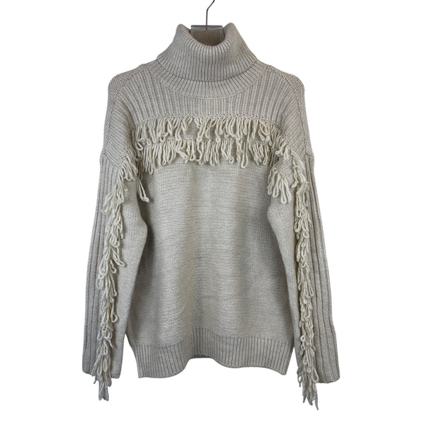 Ana Womens Cream Knit Turtleneck Fringed Sweater Medium Long-Sleeve Ribbed Trim