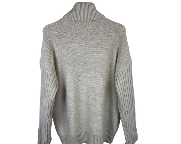 Ana Womens Cream Knit Turtleneck Fringed Sweater Medium Long-Sleeve Ribbed Trim