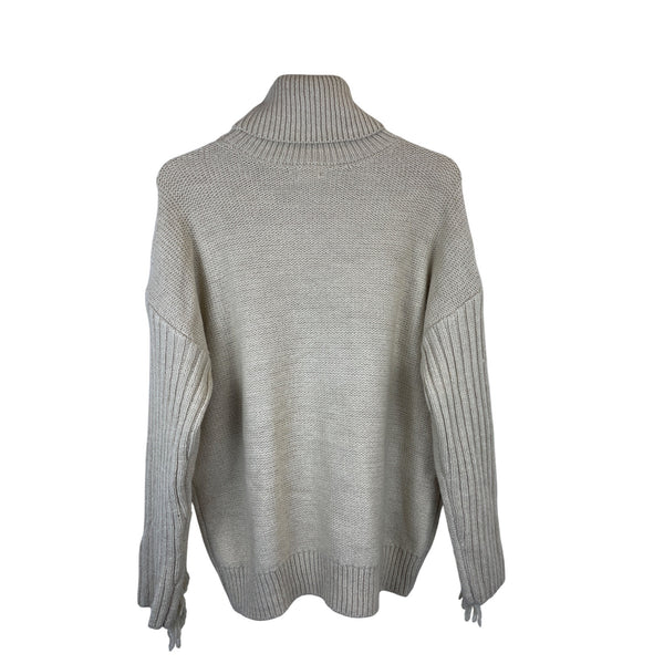 Ana Womens Cream Knit Turtleneck Fringed Sweater Medium Long-Sleeve Ribbed Trim