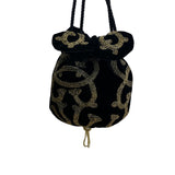 Black Velvet Drawstring Pouch Bag With Gold Beaded Design & Braided Shoulder Strap