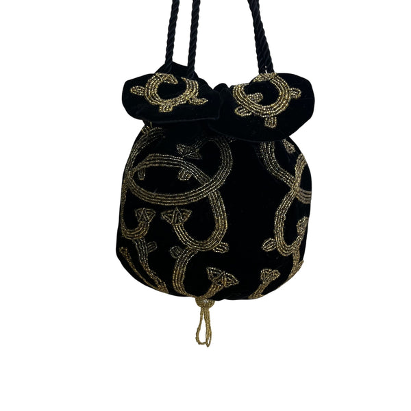 Black Velvet Drawstring Pouch Bag With Gold Beaded Design & Braided Shoulder Strap