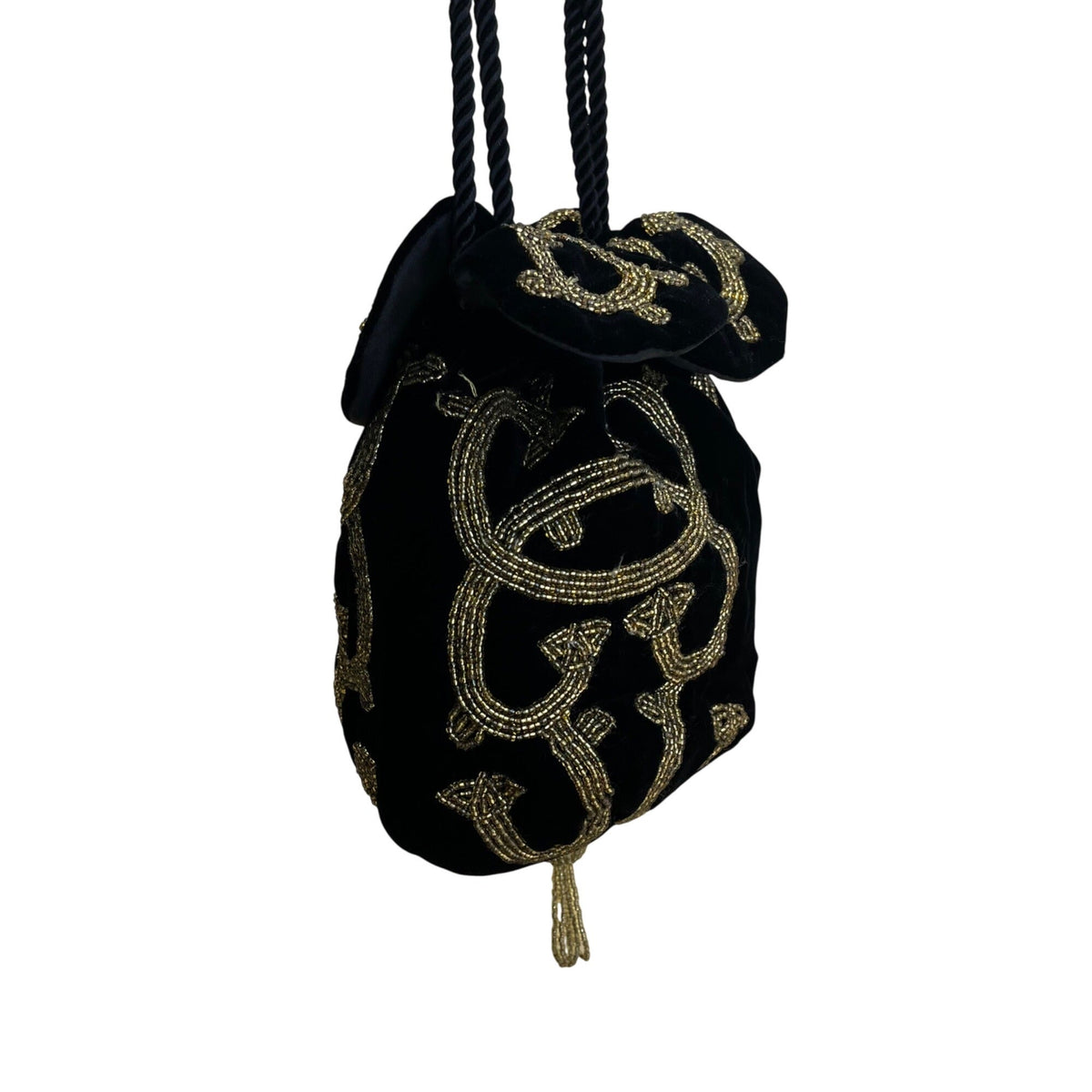 Black Velvet Drawstring Pouch Bag With Gold Beaded Design & Braided Shoulder Strap