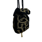 Black Velvet Drawstring Pouch Bag With Gold Beaded Design & Braided Shoulder Strap
