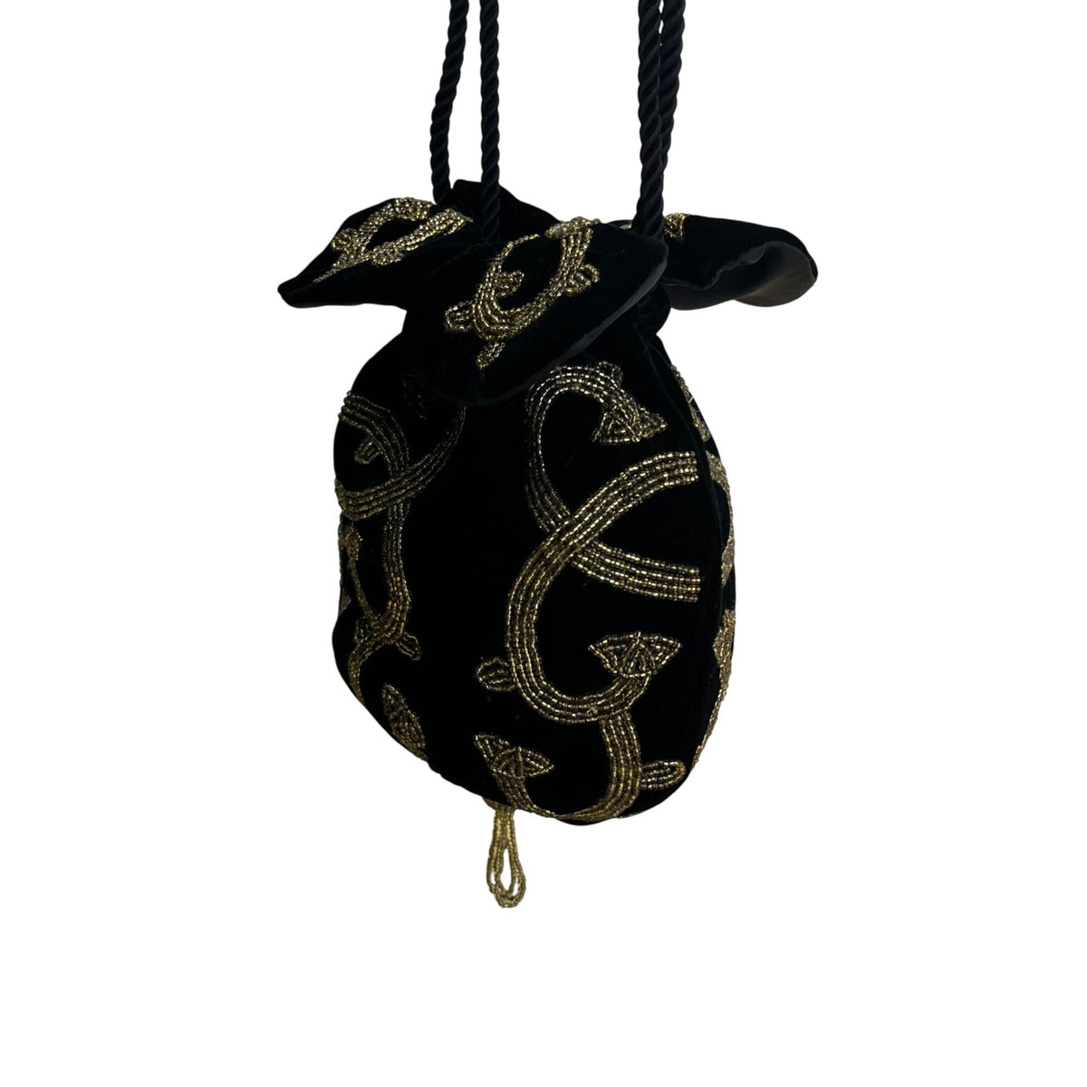 Black Velvet Drawstring Pouch Bag With Gold Beaded Design & Braided Shoulder Strap