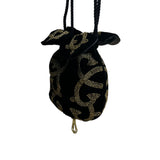 Black Velvet Drawstring Pouch Bag With Gold Beaded Design & Braided Shoulder Strap