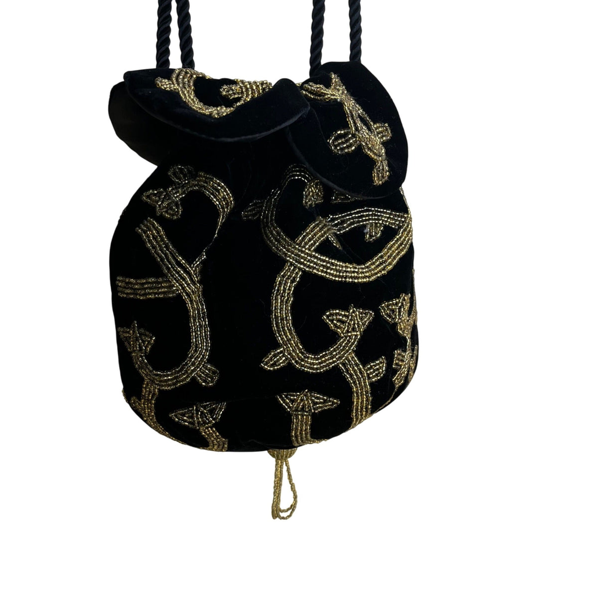 Black Velvet Drawstring Pouch Bag With Gold Beaded Design & Braided Shoulder Strap