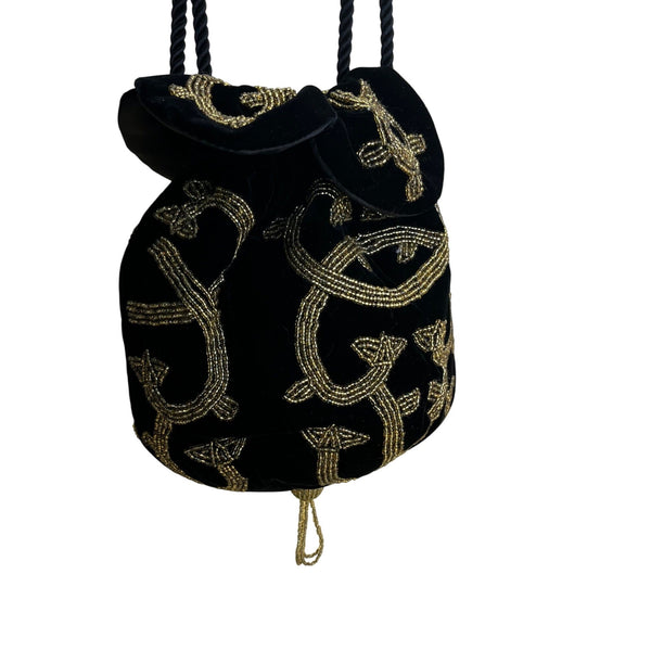Black Velvet Drawstring Pouch Bag With Gold Beaded Design & Braided Shoulder Strap