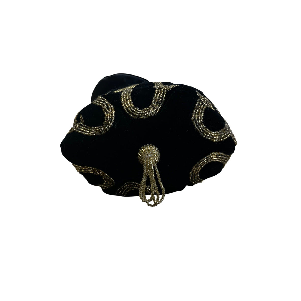 Black Velvet Drawstring Pouch Bag With Gold Beaded Design & Braided Shoulder Strap