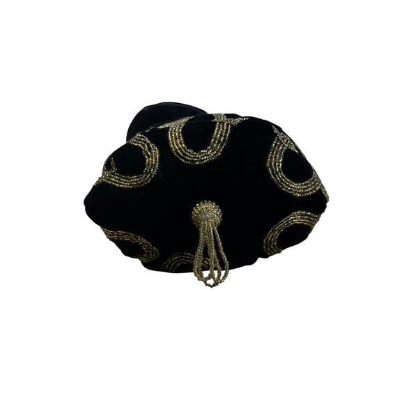 Black Velvet Drawstring Pouch Bag With Gold Beaded Design & Braided Shoulder Strap