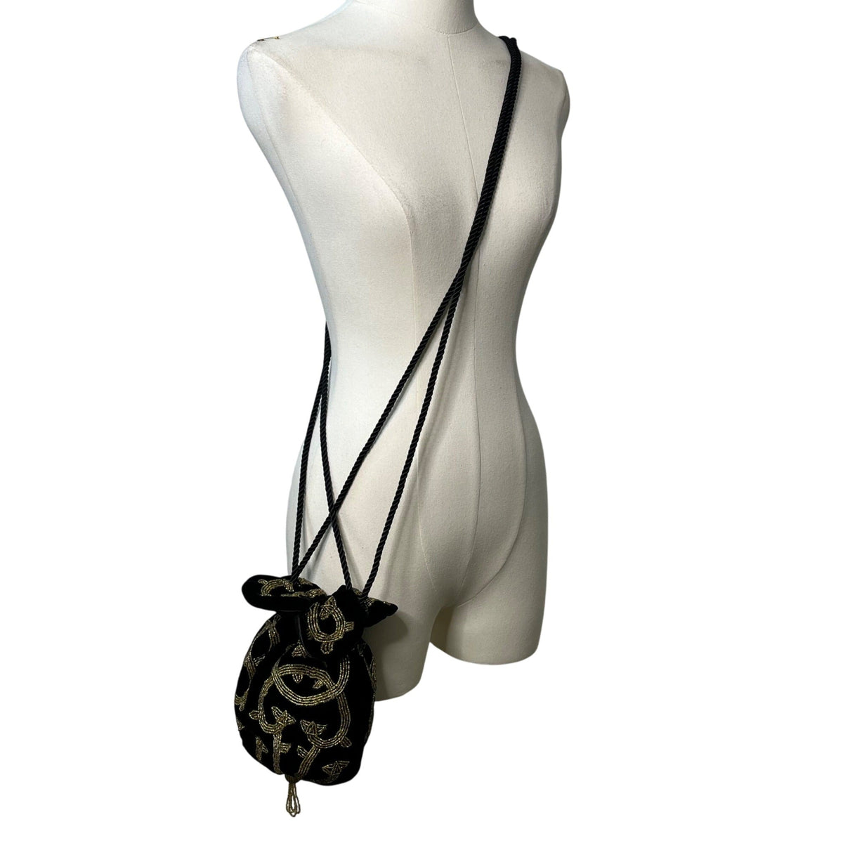Black Velvet Drawstring Pouch Bag With Gold Beaded Design & Braided Shoulder Strap