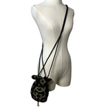 Black Velvet Drawstring Pouch Bag With Gold Beaded Design & Braided Shoulder Strap