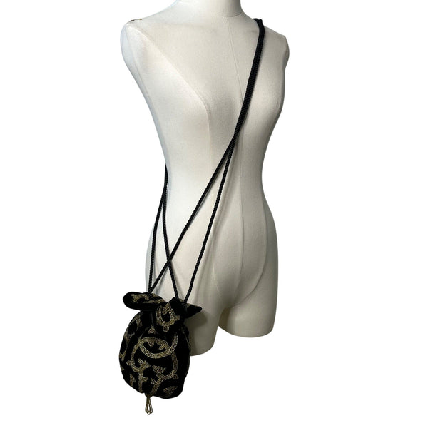 Black Velvet Drawstring Pouch Bag With Gold Beaded Design & Braided Shoulder Strap
