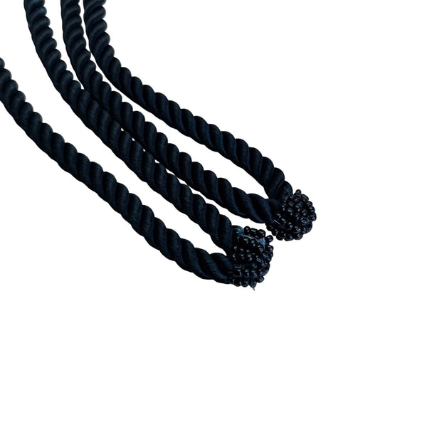 Black Velvet Drawstring Pouch Bag With Gold Beaded Design & Braided Shoulder Strap