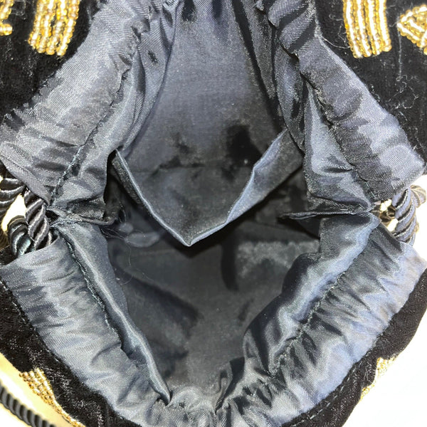 Black Velvet Drawstring Pouch Bag With Gold Beaded Design & Braided Shoulder Strap