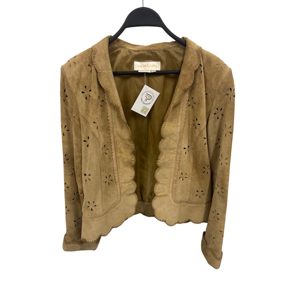 Vintage Style Tan Suede Jacket With Laser-Cut Floral Design Scalloped Edges Fully Lined Size 8 By Margaret Godfrey