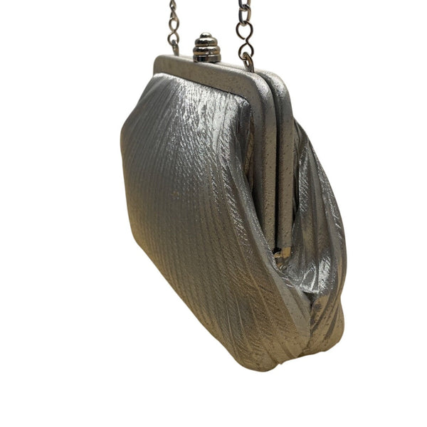 Vintage Women’s Silver Pleated Metal Frame With Chain Strap Crossbody Bag Sz S