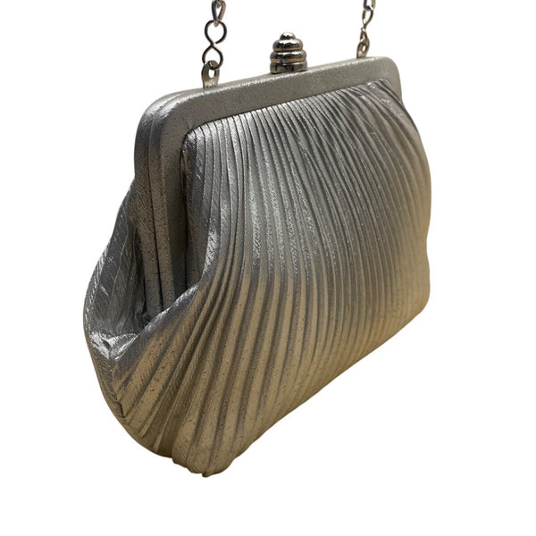 Vintage Women’s Silver Pleated Metal Frame With Chain Strap Crossbody Bag Sz S