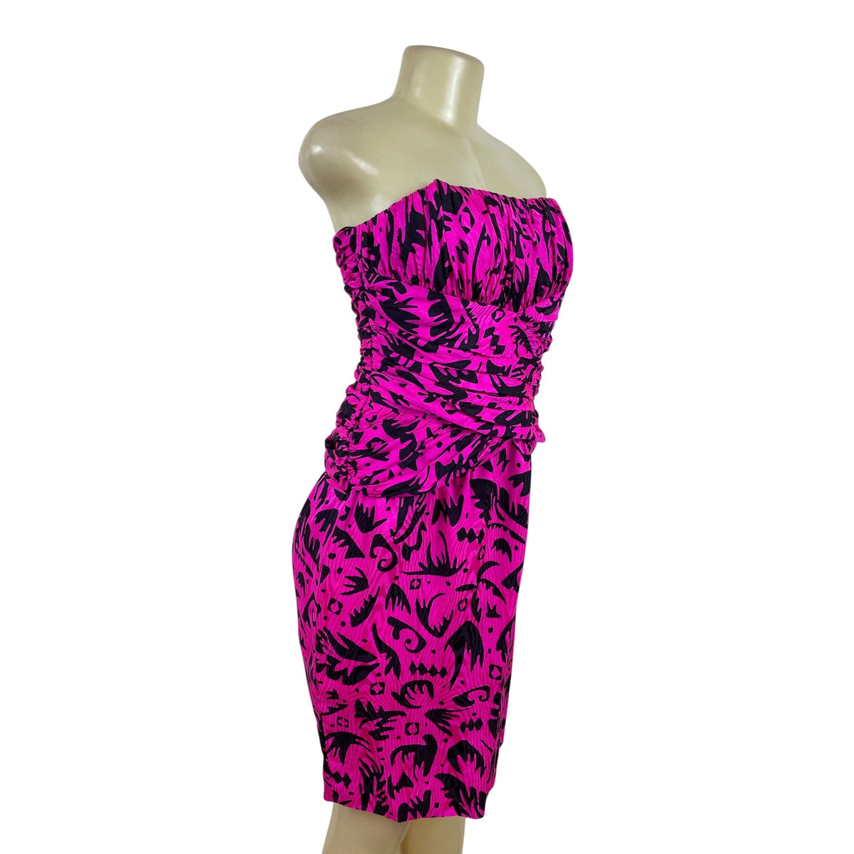 Vintage Lauren Alexander Strapless Pink & Black Ruched Bodycon Dress Size 8