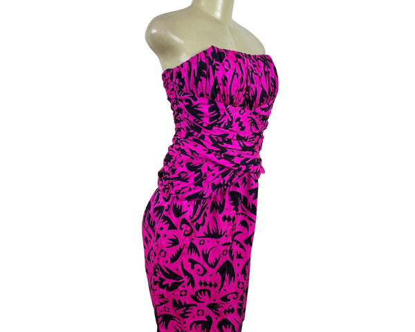 Vintage Lauren Alexander Strapless Pink & Black Ruched Bodycon Dress Size 8