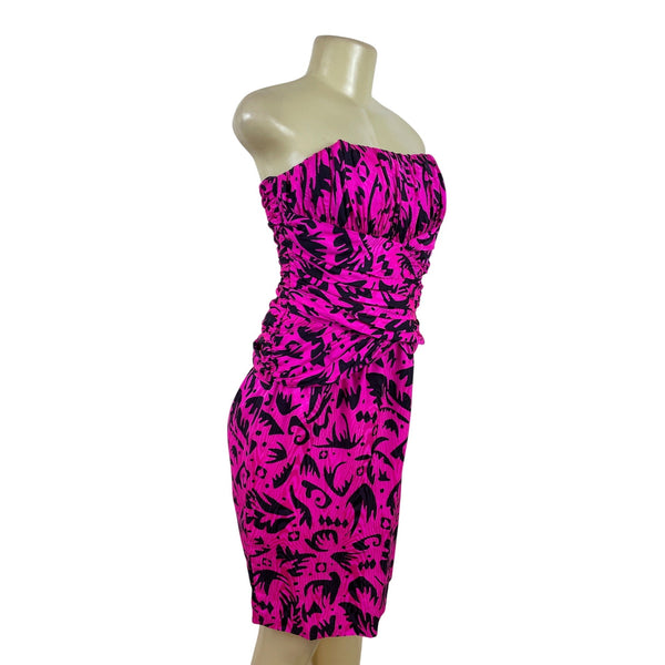 Vintage Lauren Alexander Strapless Pink & Black Ruched Bodycon Dress Size 8