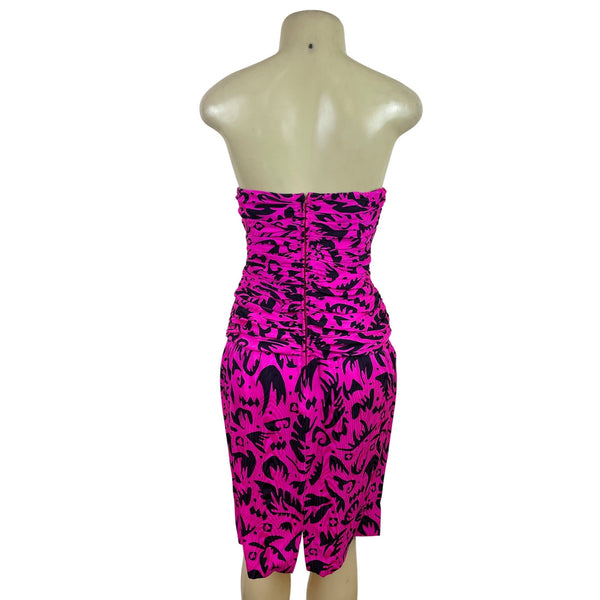 Vintage Lauren Alexander Strapless Pink & Black Ruched Bodycon Dress Size 8
