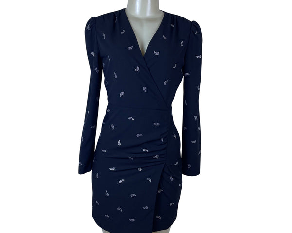 Maje Women's Black Long-Sleeve Wrap Dress Rhinestone Pattern Size 36 - New