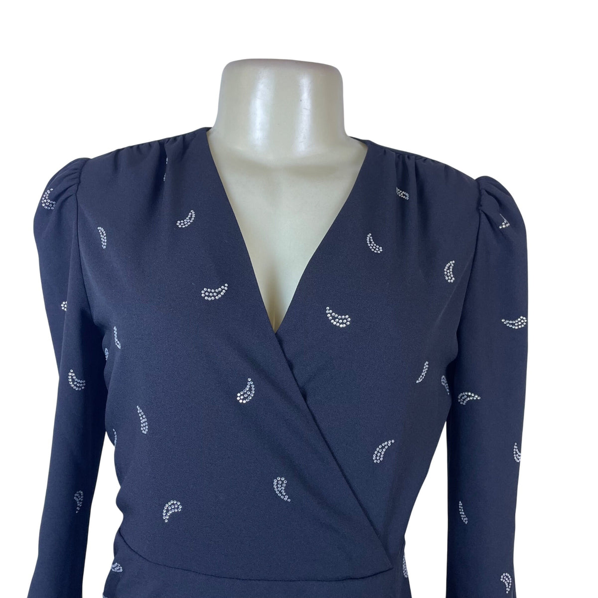 Maje Women's Black Long-Sleeve Wrap Dress Rhinestone Pattern Size 36 - New