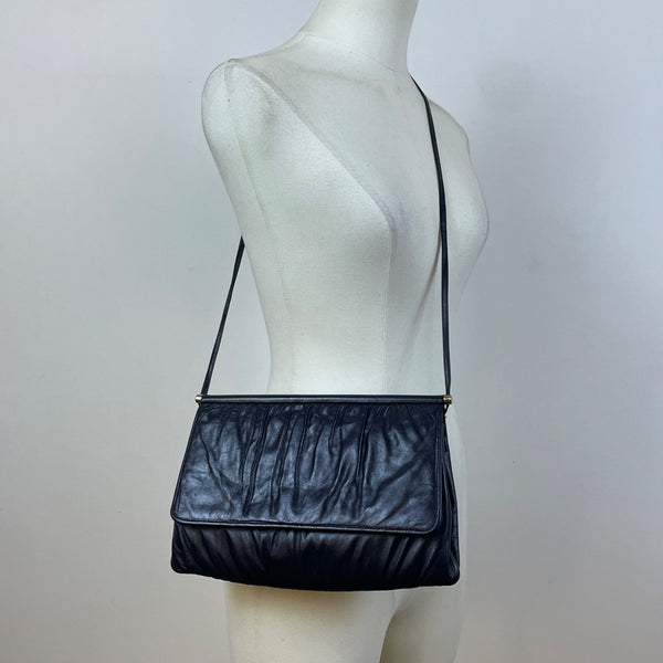 Vintage Mardane Women’s Blue Leather Ruched Flap Closure Shoulder Bag Size M