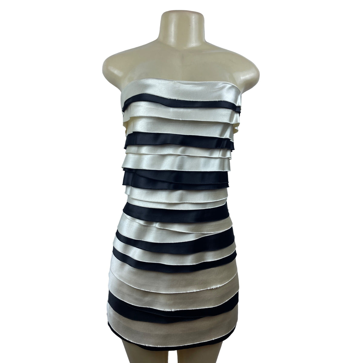 BCBG Maxazria Strapless Black & White Stripped Ruffle Mini Dress Sz 8
