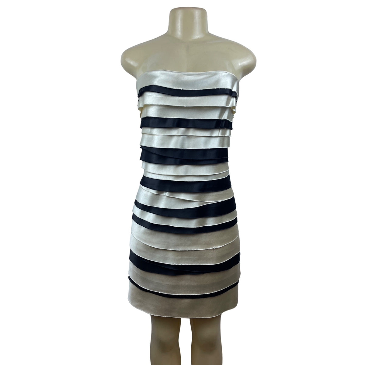 BCBG Maxazria Strapless Black & White Stripped Ruffle Mini Dress Sz 8