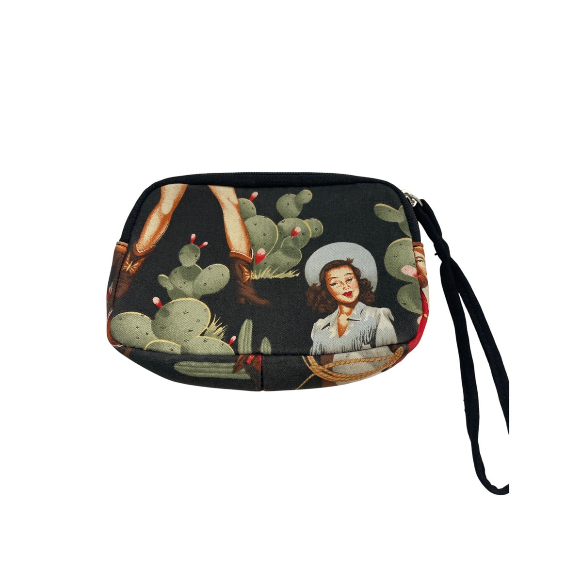 Cowgirl Print Wristlet Clutch By Rex Black/Multicolor Cotton Zipper Pouch Handbag