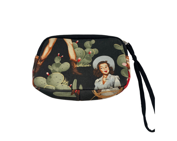 Cowgirl Print Wristlet Clutch By Rex Black/Multicolor Cotton Zipper Pouch Handbag