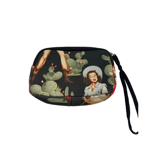 Cowgirl Print Wristlet Clutch By Rex Black/Multicolor Cotton Zipper Pouch Handbag