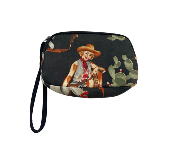 Cowgirl Print Wristlet Clutch By Rex Black/Multicolor Cotton Zipper Pouch Handbag