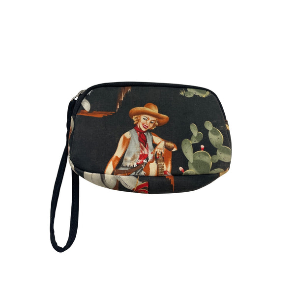 Cowgirl Print Wristlet Clutch By Rex Black/Multicolor Cotton Zipper Pouch Handbag