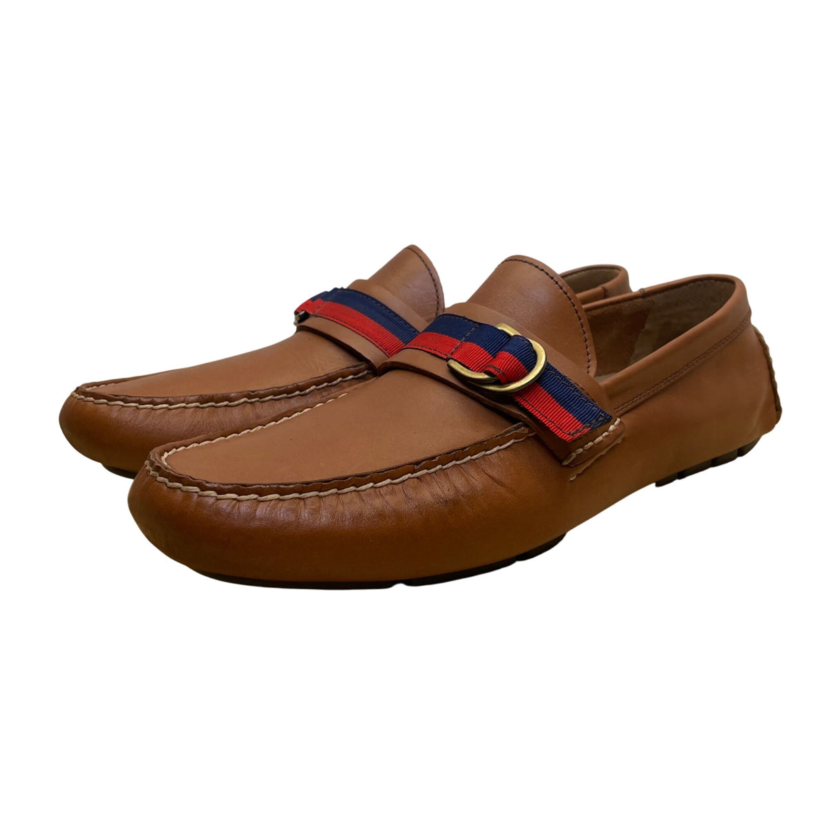 Polo Men’s Brown Leather Red/Blue Detail Slip On Terry Ribbon Loafers Size 11D
