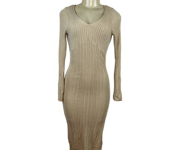 Freshman 1996 Women's Beige Strethcable Knit Bodycon Dress With V-Neck Size S