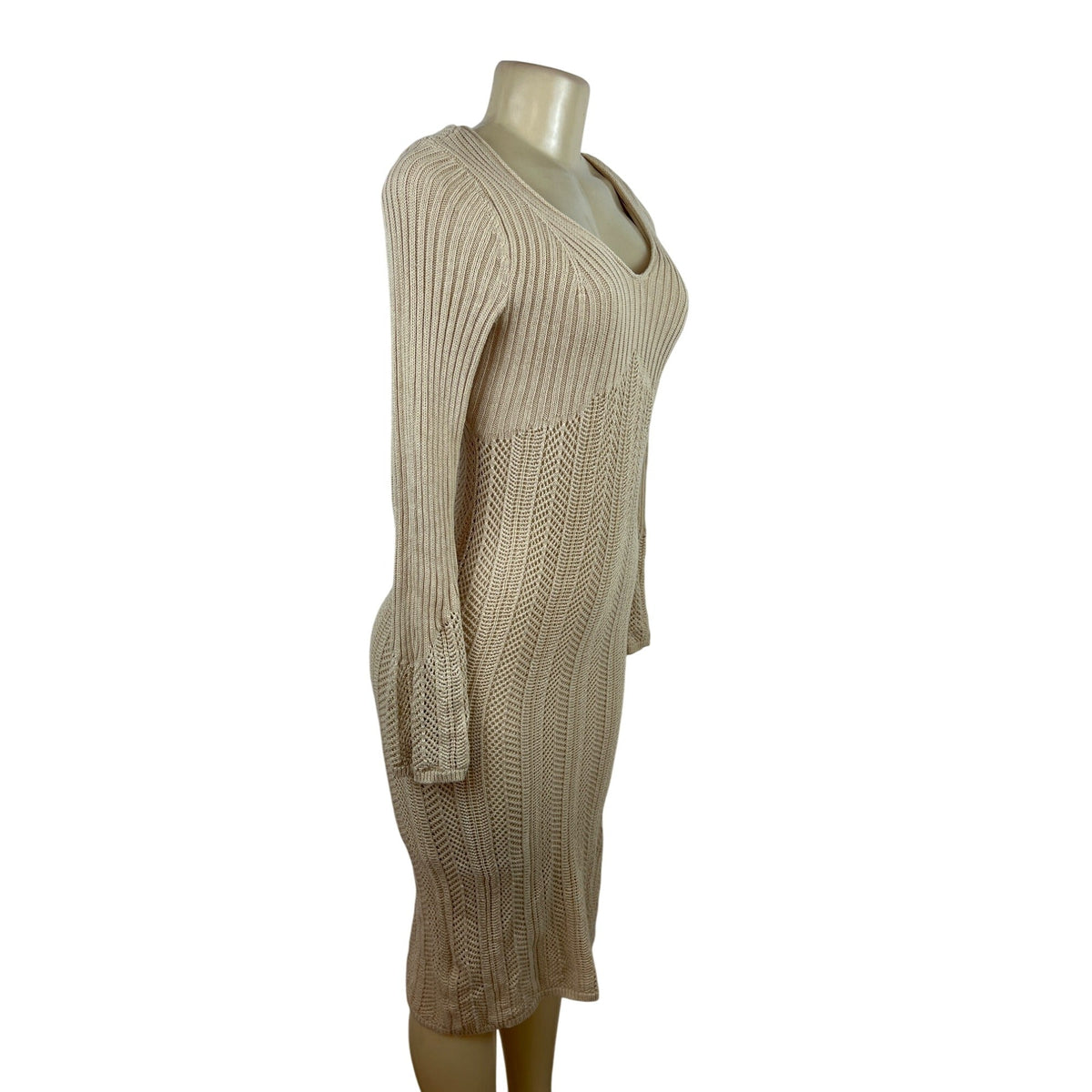 Freshman 1996 Women's Beige Strethcable Knit Bodycon Dress With V-Neck Size S