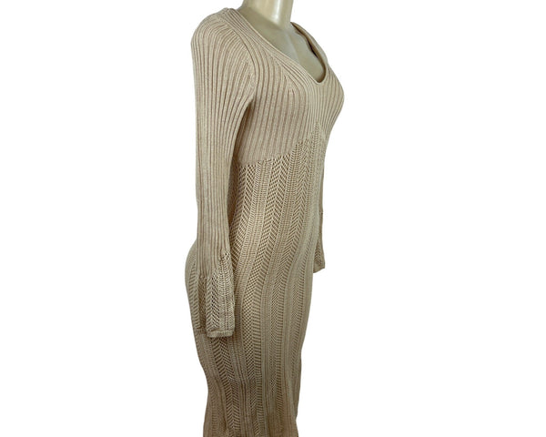 Freshman 1996 Women's Beige Strethcable Knit Bodycon Dress With V-Neck Size S