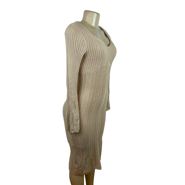 Freshman 1996 Women's Beige Strethcable Knit Bodycon Dress With V-Neck Size S